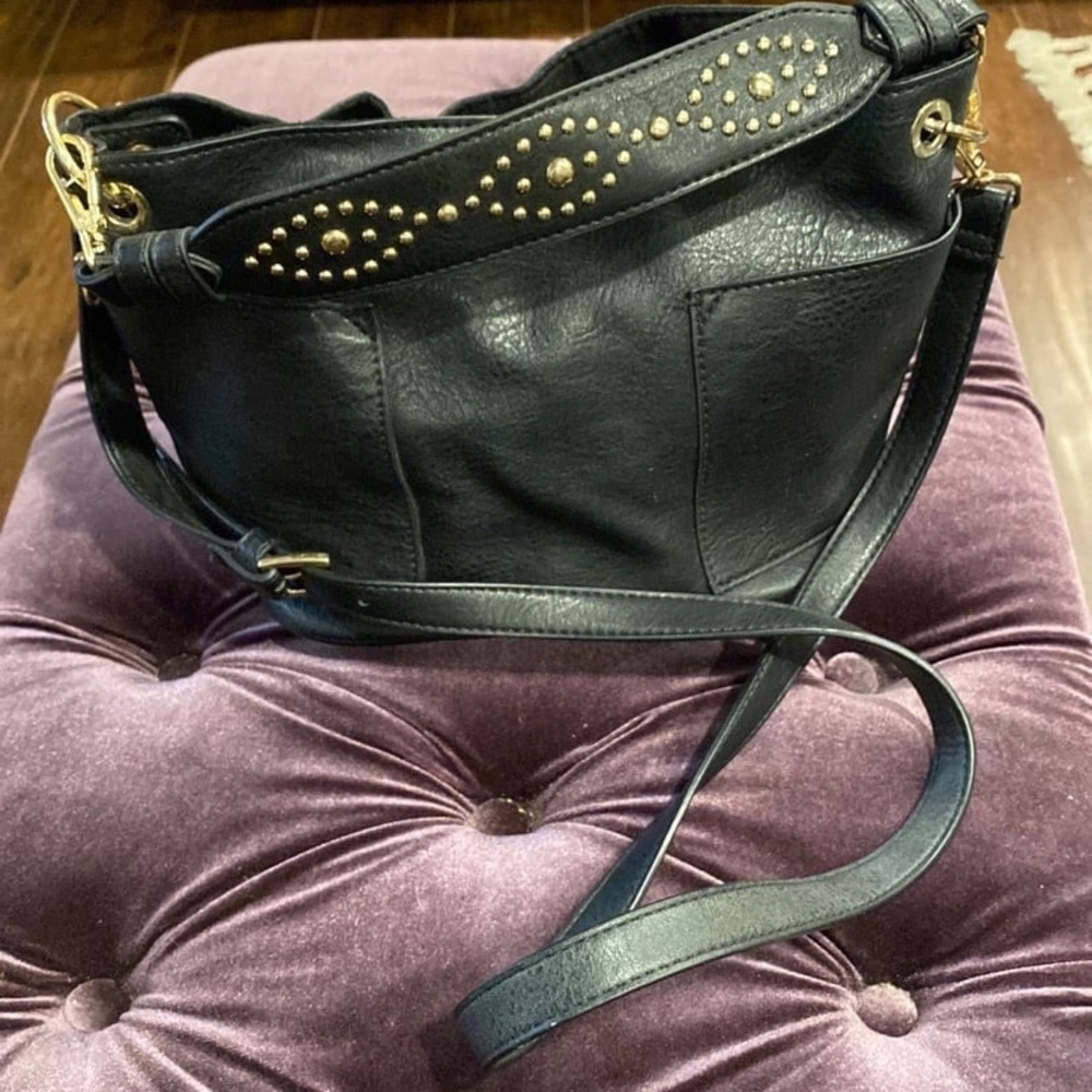 Steve Madden Black Leather Shoulder Bag with Gold Stud Accents